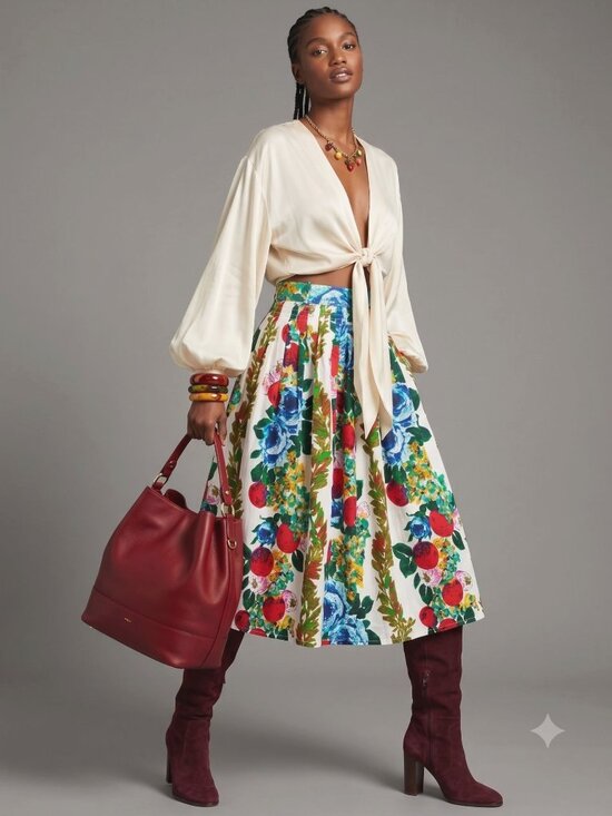 Bianca Dresses & Skirts - Bianca Floral Twee skirt M Pleated A-Line Floral Modesty Boho Prairie Vintage